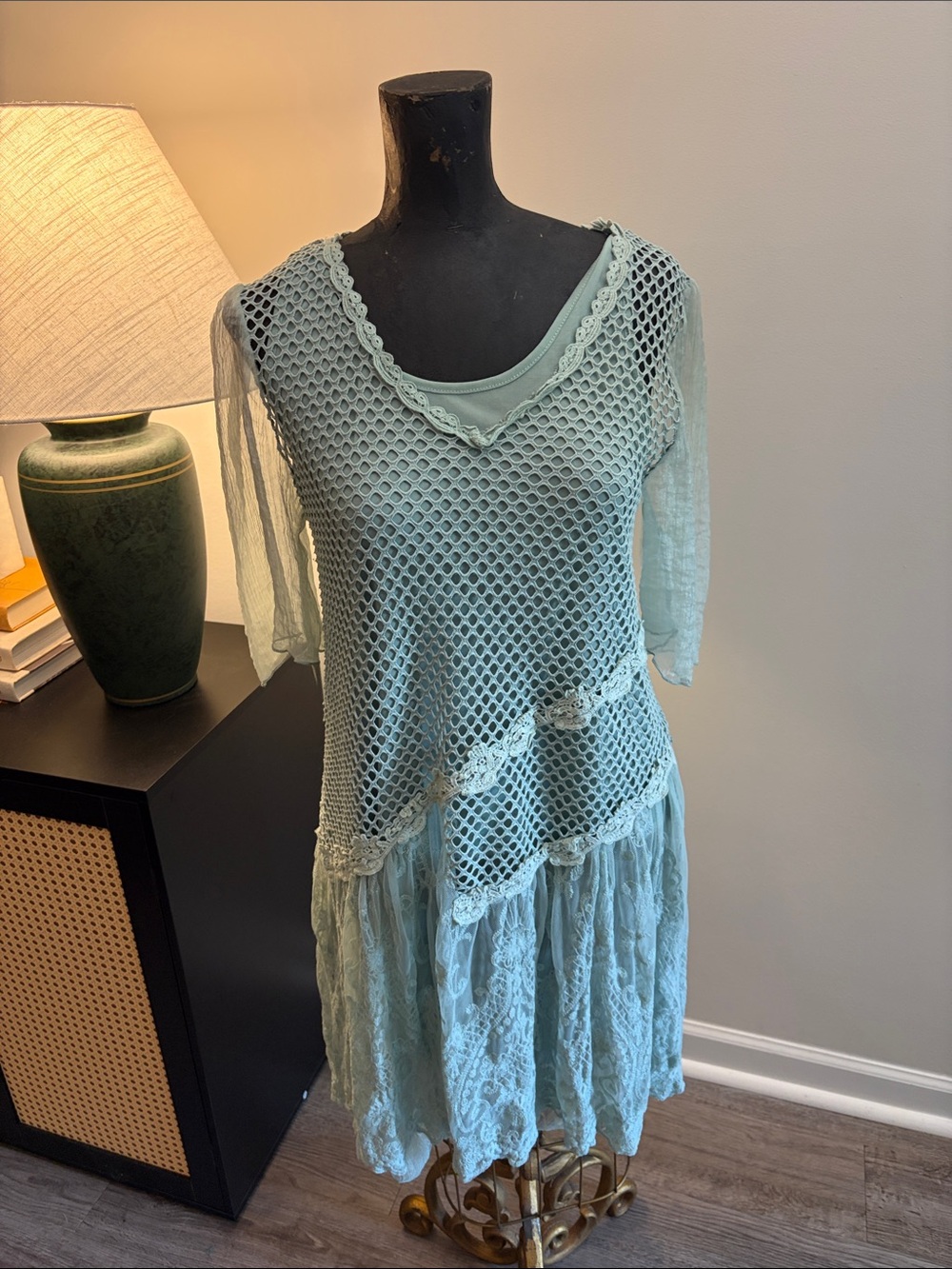 Pretty Angel 53% Silk Forest Fairycore Ethereal Mint Lace & Mesh Mini Dress SM - Picture 3 of 13